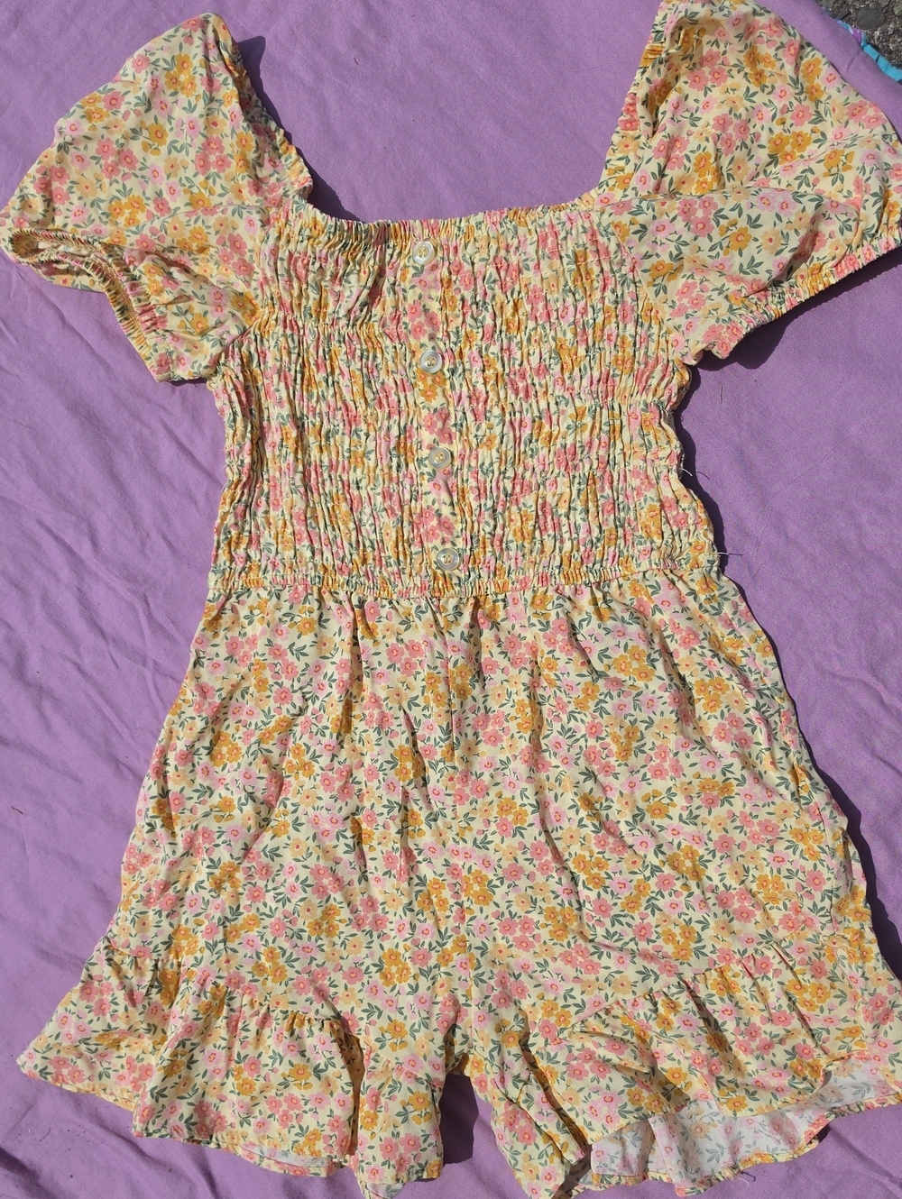 btween Yellow Floral Smocked Romper with Puff Sleeves
